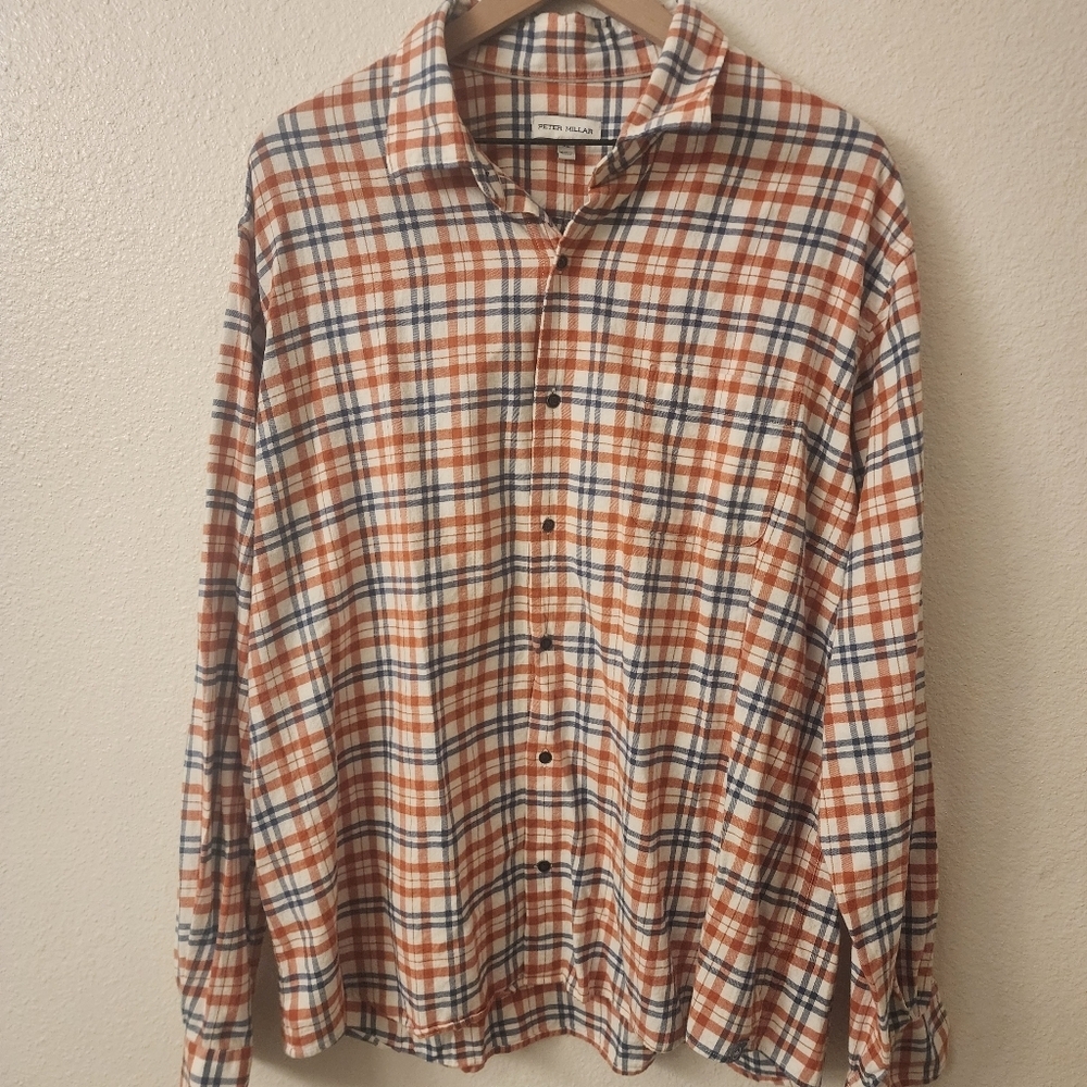 Peter Millar Stone Lake 100% Cotton Plaid Winter Ivory Button Down Shirt Mens XL